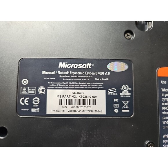 Microsoft Natural Ergonomic Keyboard 4000 v1.0 KU-0462 USB Model 1048 - Picture 6 of 7